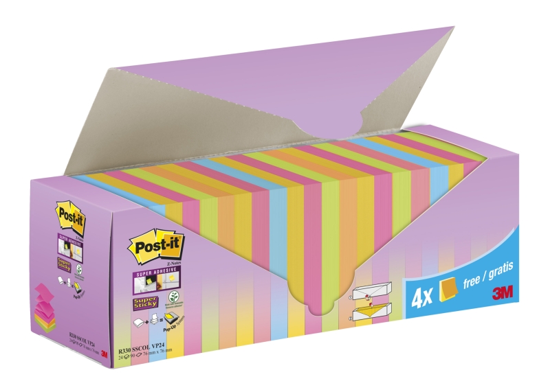 Post-It Super Sticky Pack de 24 Blocs de 90 Notas Adhesivas Reposicionables - Forma Cuadrada - 76x76mm - en Zig-Zag - Colores Surtidos