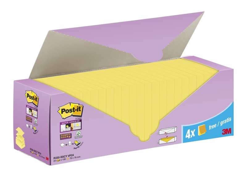Post-It Super Sticky Pack de 24 Blocs con 90 Z-Notas Adhesivas Reposicionables - 76x76mm - Promocion 20 Blocs + 4 Gratis - Color Amarillo Claro