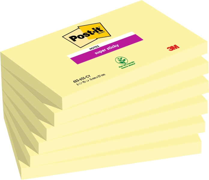 Post-It Super Sticky Pack de 6 Blocs de 90 Notas Adhesivas Reposicionables - Forma Rectangular - Color Amarillo Claro