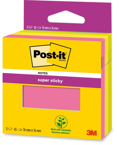 Post-It Super Sticky Pack de 3 Blocs de 45 Notas Adhesivas Reposicionables - 76x76mm - 100% PEFC - Colores Surtidos