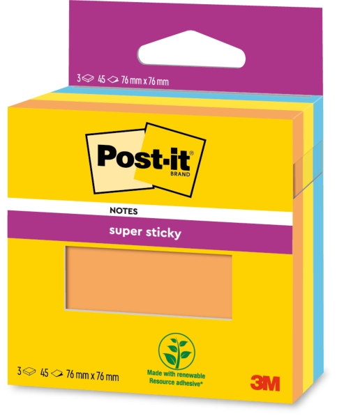 Post-It Super Sticky Pack de 3 Blocs de 45 Notas Adhesivas Reposicionables - 100% PEFC - Color Naranja