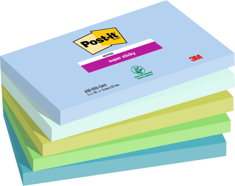 Post-It Super Sticky Pack de 5 Blocs de 90 Notas Adhesivas Reposicionables - Forma Rectangular - 127x76mm - Colores Surtidos