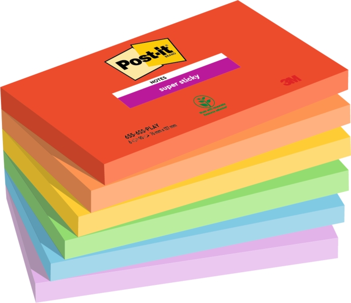 Post-It Super Sticky Pack de 6 Blocs de 90 Notas Adhesivas Reposicionables - Forma Rectangular - 127x76mm - Colores Surtidos