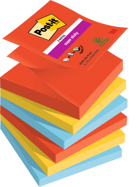 Post-It Super Sticky Pack de 6 Blocs de 90 Notas Adhesivas Reposicionables - Forma Cuadrada - 76x76mm - en Zig-Zag - Colores Surtidos