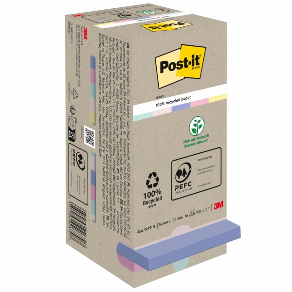Post-It Pack de 16 Blocs de 100 Notas Adhesivas Recicladas - Forma Cuadrada - 76x76mm - Colores Surtidos