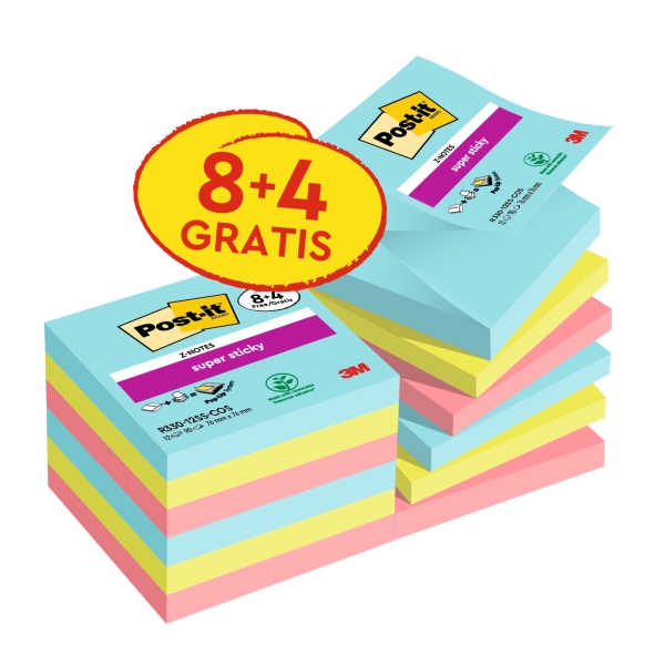 Post-It Super Sticky Pack de 12 Blocs de 90 Z-Notas Adhesivas Reposicionables - Coleccion Cosmic - 76x76 mm - Promocion 8 Blocs + 4 Gratis - Colores Surtidos