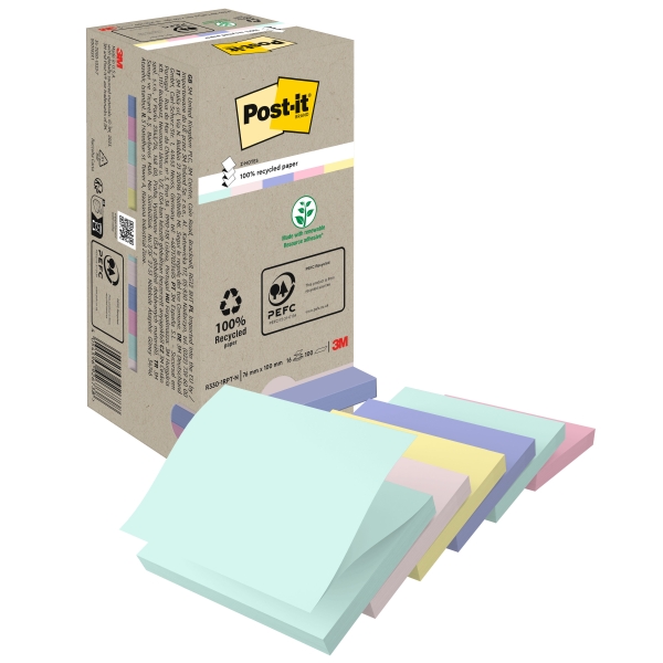 Post-It Pack de 16 Blocs de 100 Z-Notas Adhesivas Recicladas - Forma Cuadrada - 76x76mm - Colores Surtidos