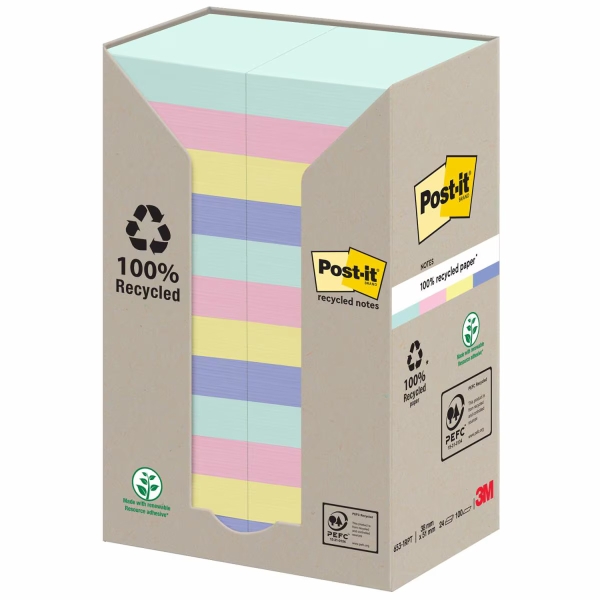 Post-It Pack de 24 Blocs de 100 Notas Adhesivas Recicladas - Forma Rectangular - 51x51mm - Colores Surtidos