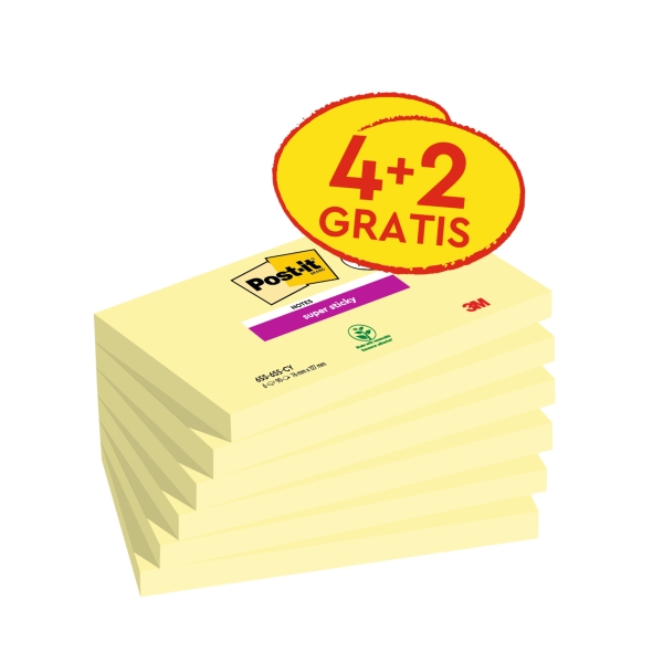 Post-It Super Sticky Pack de 6 Blocs con 90 Notas Adhesivas Reposicionables - 76x127mm - Promocion 4 Blocs + 2 Gratis - Color Amarillo Claro