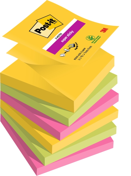 Post-It Super Sticky Pack de 6 Blocs de 90 Notas Adhesivas Reposicionables - Forma Cuadrada - 76x76mm - en Zig-Zag - Colores Surtidos