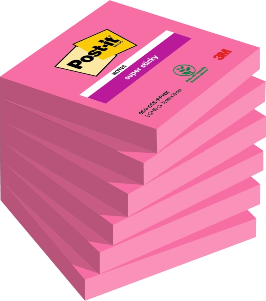 Post-It Super Sticky Pack de 6 Blocs de 90 Notas Adhesivas Reposicionables - Forma Cuadrada - 76x76mm - Color Rosa