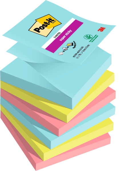 Post-It Super Sticky Pack de 6 Blocs de 90 Notas Adhesivas Reposicionables - Forma Cuadrada - 76x76mm - en Zig-Zag - Colores Surtidos