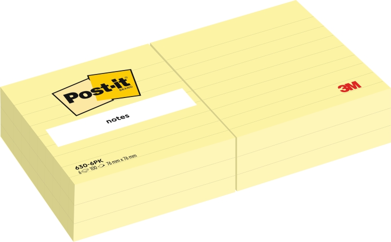 Post-It Pack de 6 Blocs de 100 Notas - con Lineas - 76x76mm - 100% PEFC - Color Amarillo Claro