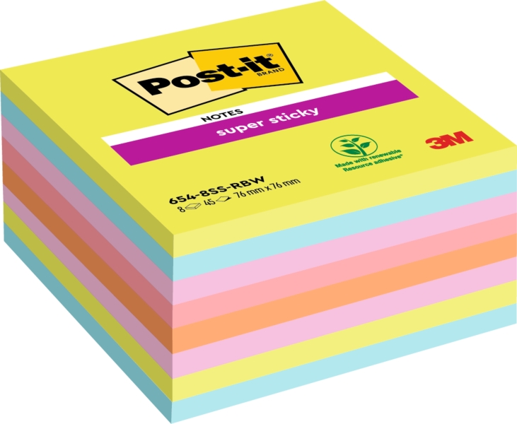Post-It Super Sticky Pack de 8 Blocs de 45 Notas Adhesivas Reposicionables - 76x76mm - 100% PEFC - Colores Surtidos