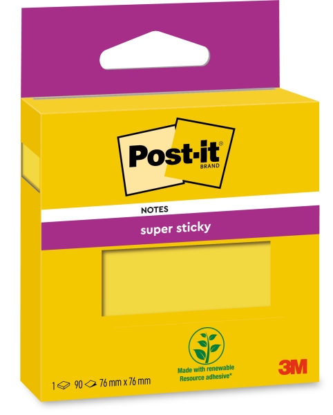 Post-It Super Sticky Bloc de 90 Notas Adhesivas Reposicionables - 76x76mm - 100% PEFC - Color Amarillo