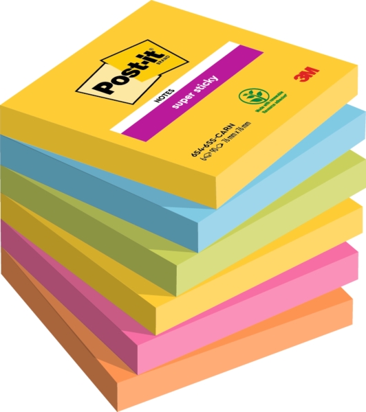 Post-It Super Sticky Pack de 6 Blocs de 90 Notas Adhesivas Reposicionables - Forma Cuadrada - 76x76mm - Colores Surtidos