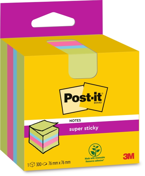 Post-It Super Sticky Cubo de 300 Notas Adhesivas Reposicionables - 76x76mm - 100% PEFC - Colores Surtidos