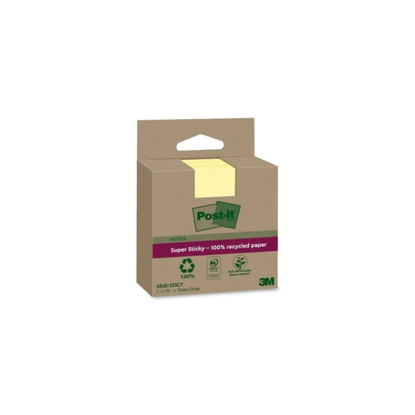 Post-It Super Sticky Pack de 3 Blocs de 70 Notas Adhesivas Recicladas - Forma Cuadrada - 76x76mm - Color Amarillo Claro