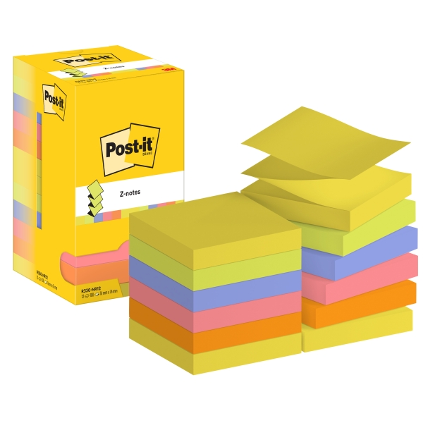 Post-It Pack de 12 Blocs de 100 Z-Notas Adhesivas Reposicionables - Forma Cuadrada - 76x76mm - Colores Surtidos