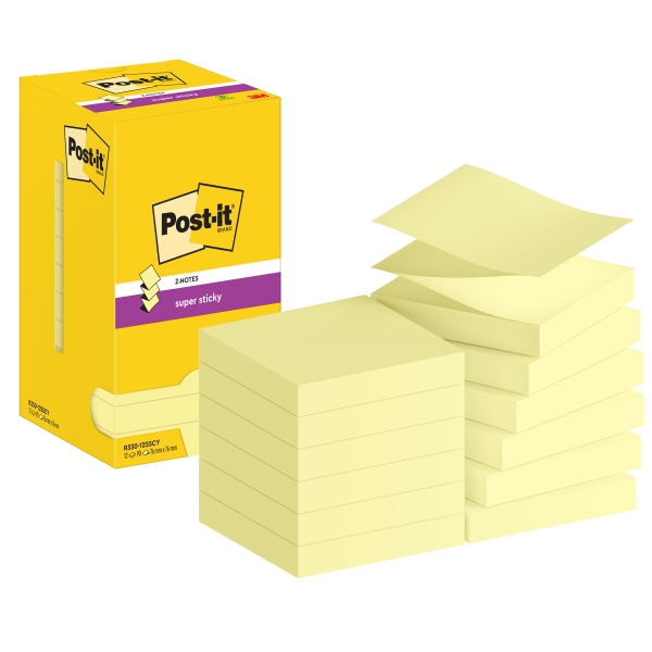 Post-It Super Sticky Pack de 12 Blocs de 90 Notas Adhesivas Reposicionables - Forma Cuadrada - 76x76mm - en Zig-Zag - Color Amarillo Claro
