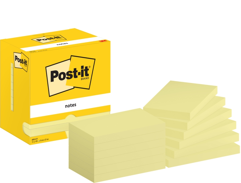 Post-It Pack de 12 Blocs de 100 Notas Adhesivas Reposicionables - Forma Rectangular - 76x127mm - Color Amarillo Claro