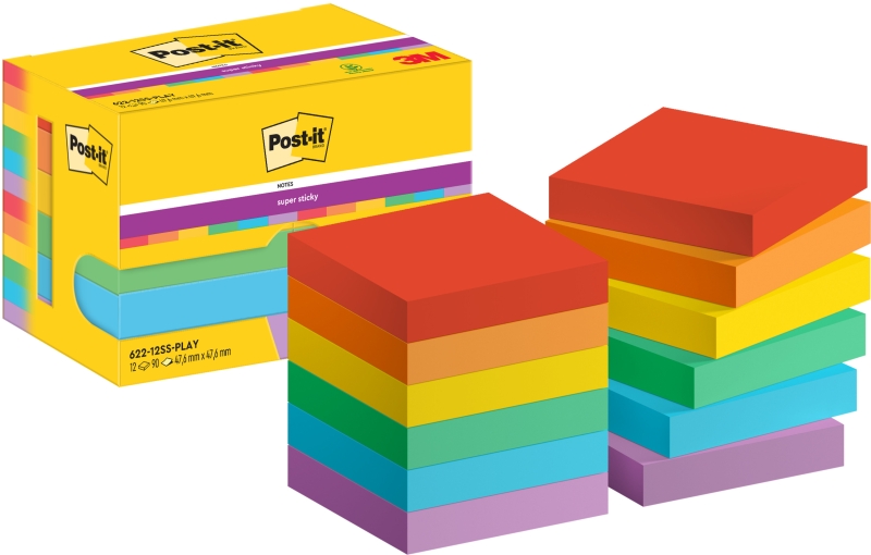 Post-It Super Sticky Pack de 12 Blocs de 90 Notas Adhesivas Reposicionables - Forma Cuadrada - 47.6x47.6mm - Colores Surtidos