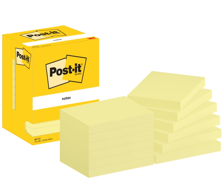 Post-It Pack de 12 Blocs de 100 Notas Adhesivas Reposicionables - Forma Rectangular - 76x102mm - Color Amarillo Claro
