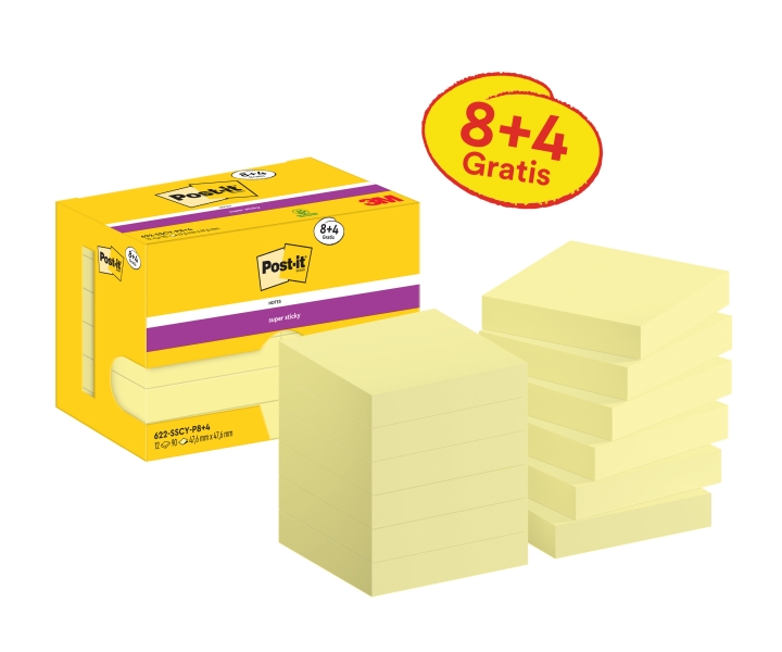 Post-It Super Sticky Pack de 12 Blocs de 90 Notas Adhesivas Reposicionables - 47.6x47.6mm - Promocion 8 Blocs + 4 Gratis - Color Amarillo Claro