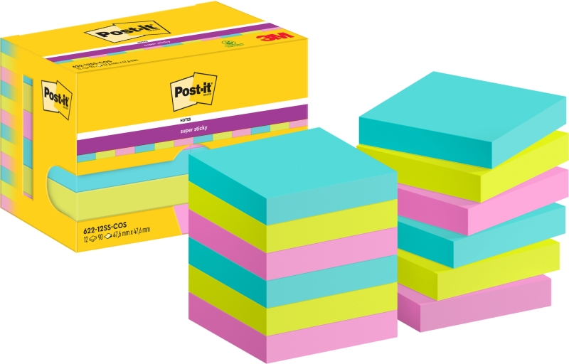 Post-It Super Sticky Pack de 12 Blocs de 90 Notas Adhesivas Reposicionables - Forma Cuadrada - 47.6x47.6mm - Colores Surtidos