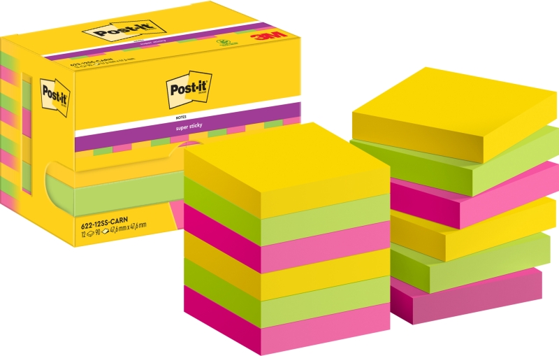 Post-It Super Sticky Pack de 12 Blocs de 90 Notas Adhesivas Reposicionables - Forma Cuadrada - 47.6x47.6mm - Colores Surtidos