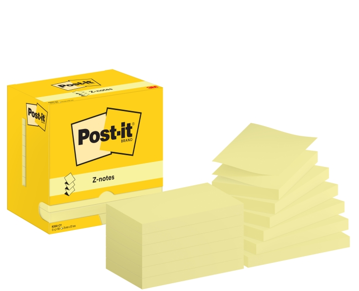 Post-It Pack de 12 Blocs de 100 Z-Notas Adhesivas Reposicionables - Forma Rectangular - 76x127mm - Color Amarillo Claro