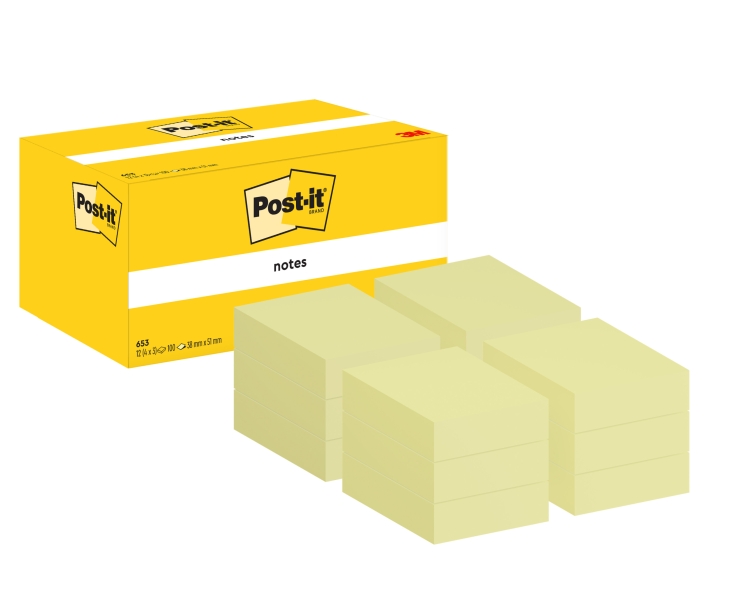 Post-It Pack de 12 Blocs de 100 Notas Adhesivas Reposicionables - Forma Rectangular - 38x51mm - Color Amarillo Claro