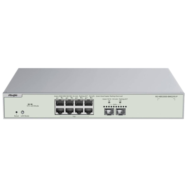 Ruijie RG-NBS3300-8MG2XS-P Switch Gestionado en Capa 2 - 8 Puertos Ethernet hasta 2.5Gbps - 2x SFP+ hasta 10Gbps - PoE/PoE+ hasta 240W - Fuente de Alimentacion Fija - Color Acero Ruijie RG-NBS3300-8MG2XS-P Switch Gestionado en Capa 2 - 8 Puertos Ethernet hasta 2.5Gbps - 2x SFP+ hasta 10Gbps - PoE/PoE+ hasta 240W - Fuente de Alimentacion Fija - Color Acero