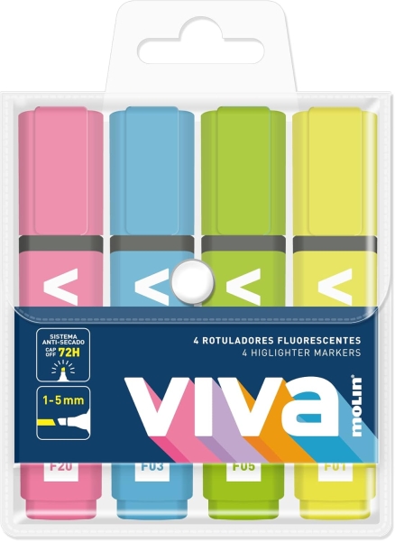 Molin Viva Pack de 4 Marcadores Fluorescentes - Trazo entre 1 y 5mm - Tinta con Base de Agua - Colores Surtidos Molin Viva Pack de 4 Marcadores Fluorescentes - Trazo entre 1 y 5mm - Tinta con Base de Agua - Colores Surtidos
