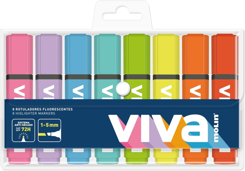 Molin Viva Pack de 8 Marcadores Fluorescentes - Trazo entre 1 y 5mm - Tinta con Base de Agua - Colores Surtidos Molin Viva Pack de 8 Marcadores Fluorescentes - Trazo entre 1 y 5mm - Tinta con Base de Agua - Colores Surtidos