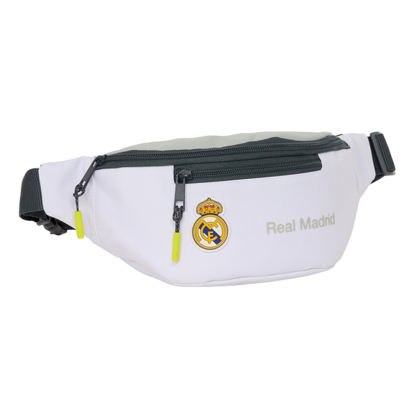 Safta Real Madrid 1ª Equipacion 24/25 Bolsa de Cintura - 2 Compartimentos - Ajustable - 23x12x9cm - Color Blanco/Negro