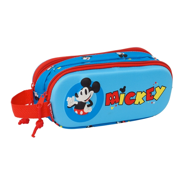 Safta Mickey Mouse Estuche Portatodo 3D - 2 Compartimentos - Asa de Mano - 21x8x6cm - Color Rojo y Azul