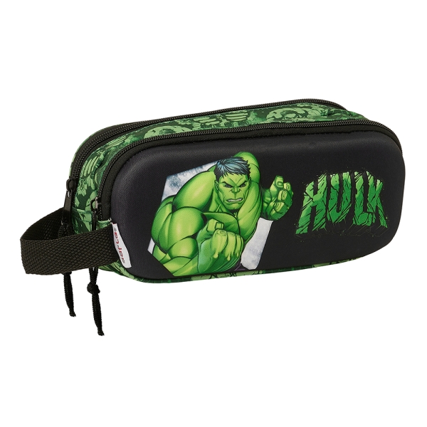 Safta Hulk Estuche Portatodo 3D - 2 Compartimentos - Asa de Mano - 21x8x6cm - Color Negro/Verde