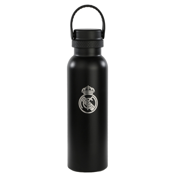 Safta Real Madrid 2ª Equipacion 24/25 Botella Reutilizable 600ml - Doble Pared con Aislamiento - Base de Silicona - Conserva Temperatura 12h Caliente / 24h Caliente - 25x7.3x7.3cm - Color Negro