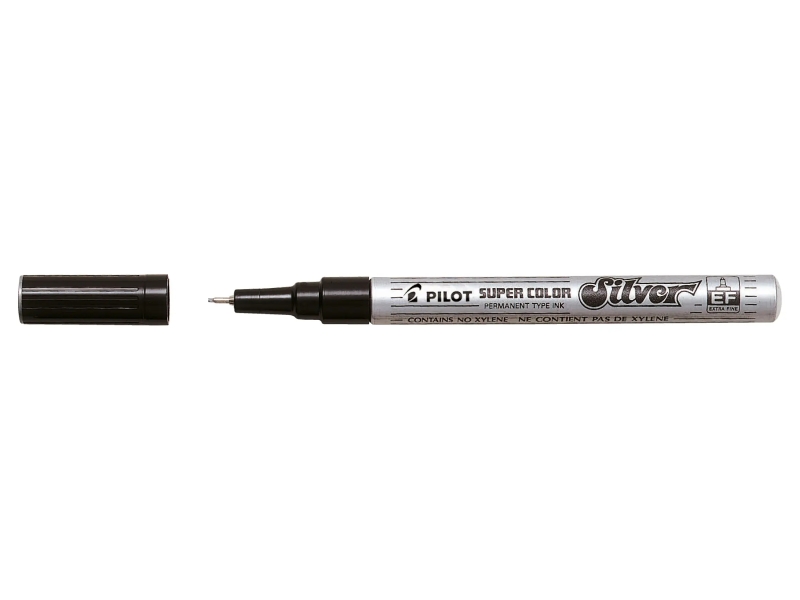 Pilot Super Color Rotulador Permanente Fino - Punta de 1mm de Poliacetal - Tinta muy Densa y Opaca - Cuerpo Metalico - Color Plata