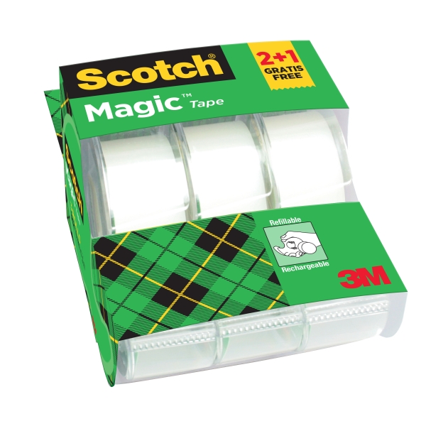 Scotch Magic Pack de 3 Cintas Adhesivas Invisibles - 19mm x 7.5m - Promocion 2 + 1 Gratis - Incluye Dispensador - Color Transparente