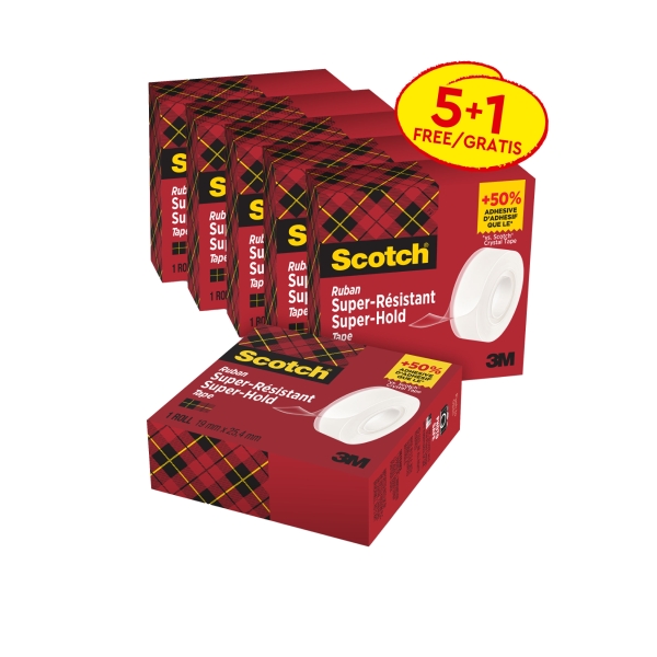 Scotch Super-Hold Pack de 6 Cintas Adhesivas - Extrafuerte - 19mm x 25.4m - Promocion 5 + 1 Gratis - Color Transparente
