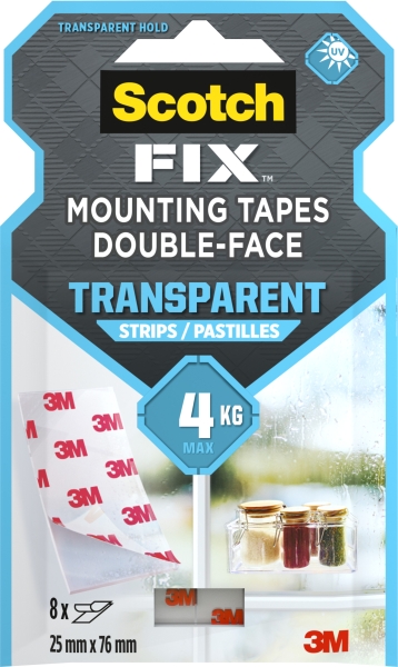 Scotch-Fix Pack de 8 Tiras de Montaje de Doble Cara Transparentes - 25x76mm - Color Transparente Scotch-Fix Pack de 8 Tiras de Montaje de Doble Cara Transparentes - 25x76mm - Color Transparente