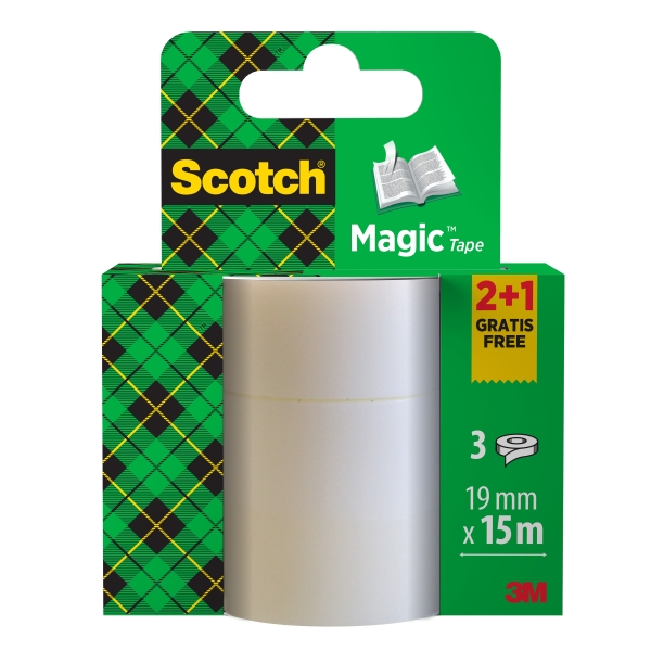 Scotch Magic Pack de 3 Cintas Adhesivas Invisible - 19mm x 15m - Promocion 2 Unidades + 1 Gratis - Color Transparente