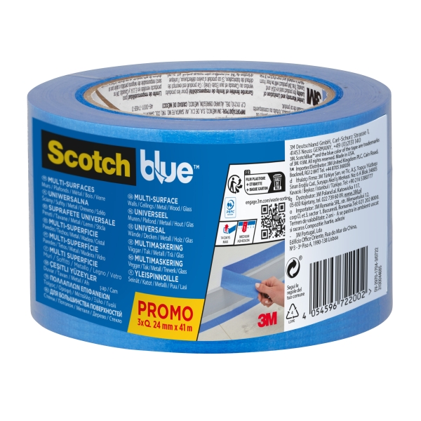 Scotchblue Pack de 3 Cintas de Enmascarar - 24mm x 41m - 100% PEFC - Multisuperficie - Color Azul Scotchblue Pack de 3 Cintas de Enmascarar - 24mm x 41m - 100% PEFC - Multisuperficie - Color Azul