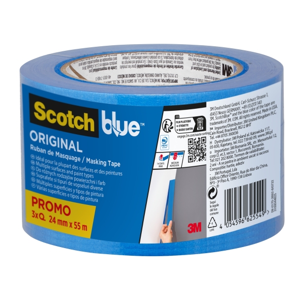 Scotchblue Original Pack de 3 Cintas de Enmascarar - 24mm x 55m - 100% PEFC - Multisuperficie - Color Azul Scotchblue Original Pack de 3 Cintas de Enmascarar - 24mm x 55m - 100% PEFC - Multisuperficie - Color Azul