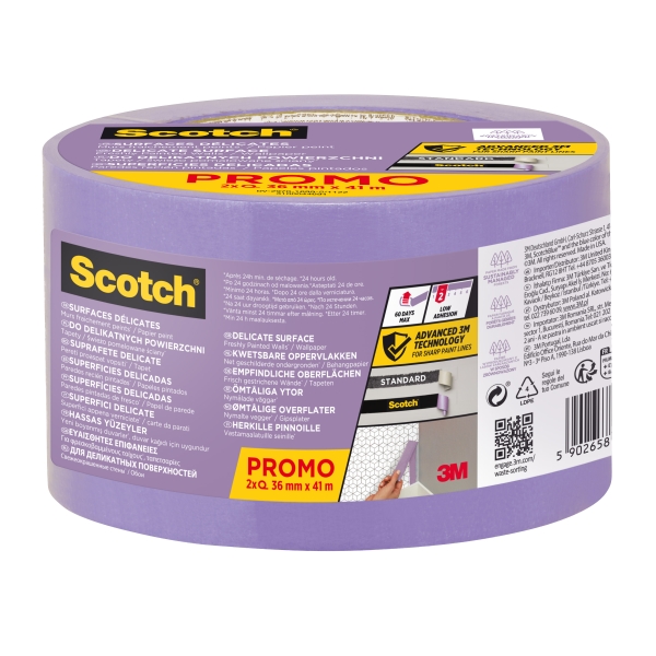 Scotchblue Pack de 2 Cintas de Enmascarar para Superficies Delicadas - 36mm x 41m - 100% PEFC - Color Morado Scotchblue Pack de 2 Cintas de Enmascarar para Superficies Delicadas - 36mm x 41m - 100% PEFC - Color Morado