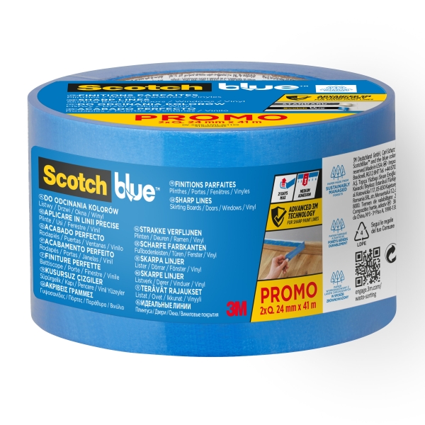 Scotchblue Pack de 2 Cintas de Enmascarar para Lineas Precisas - 24mm x 41m - 100% PEFC - Color Azul Scotchblue Pack de 2 Cintas de Enmascarar para Lineas Precisas - 24mm x 41m - 100% PEFC - Color Azul