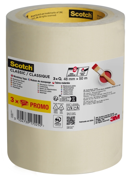 Scotch Classic Pack de 3 Cintas de Enmascarar - 48mm x 50m - 70% PEFC - Color Blanco Scotch Classic Pack de 3 Cintas de Enmascarar - 48mm x 50m - 70% PEFC - Color Blanco
