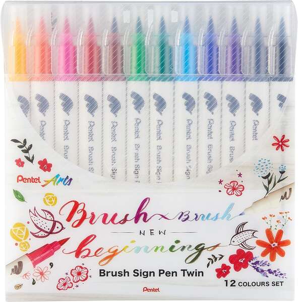Pentel Brush Sing Pen Twin Pack de 12 Rotuladores con Doble Punta de Pincel Flexible - Punta Ancha 1-4mm, Punta Fina 0,2-2mm - Colores Surtidos